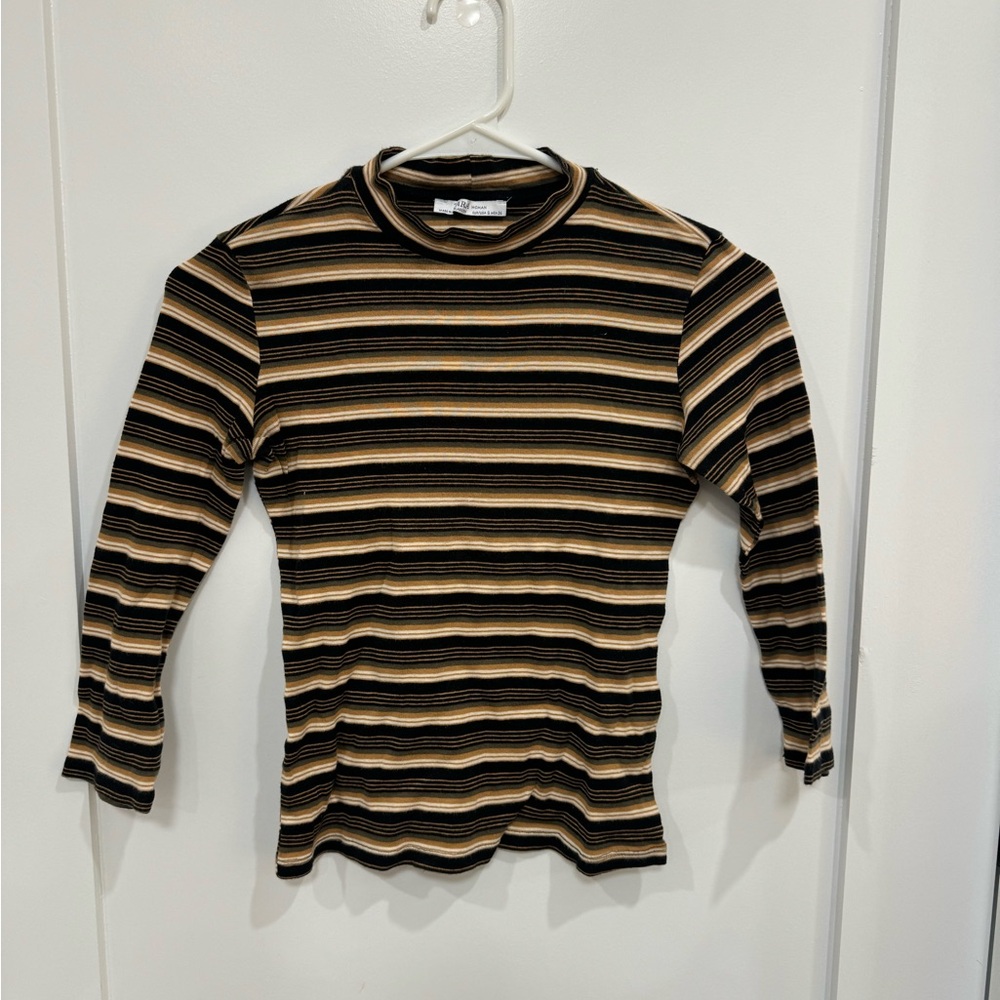Zara Striped Ribbed Long Sleeve Tee - Black, Tan & Cream